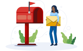 Illustration of a woman holding a large yellow envelope, standing next to an open red mailbox with its flag raised. Green plants are visible at the base of the mailbox and behind the woman, set against a light gray background.