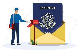 Illustration of a mail carrier placing mail into a red mailbox. Behind them is a large yellow envelope containing a U.S. passport with the eagle emblem on its navy blue cover, representing passport delivery by mail.