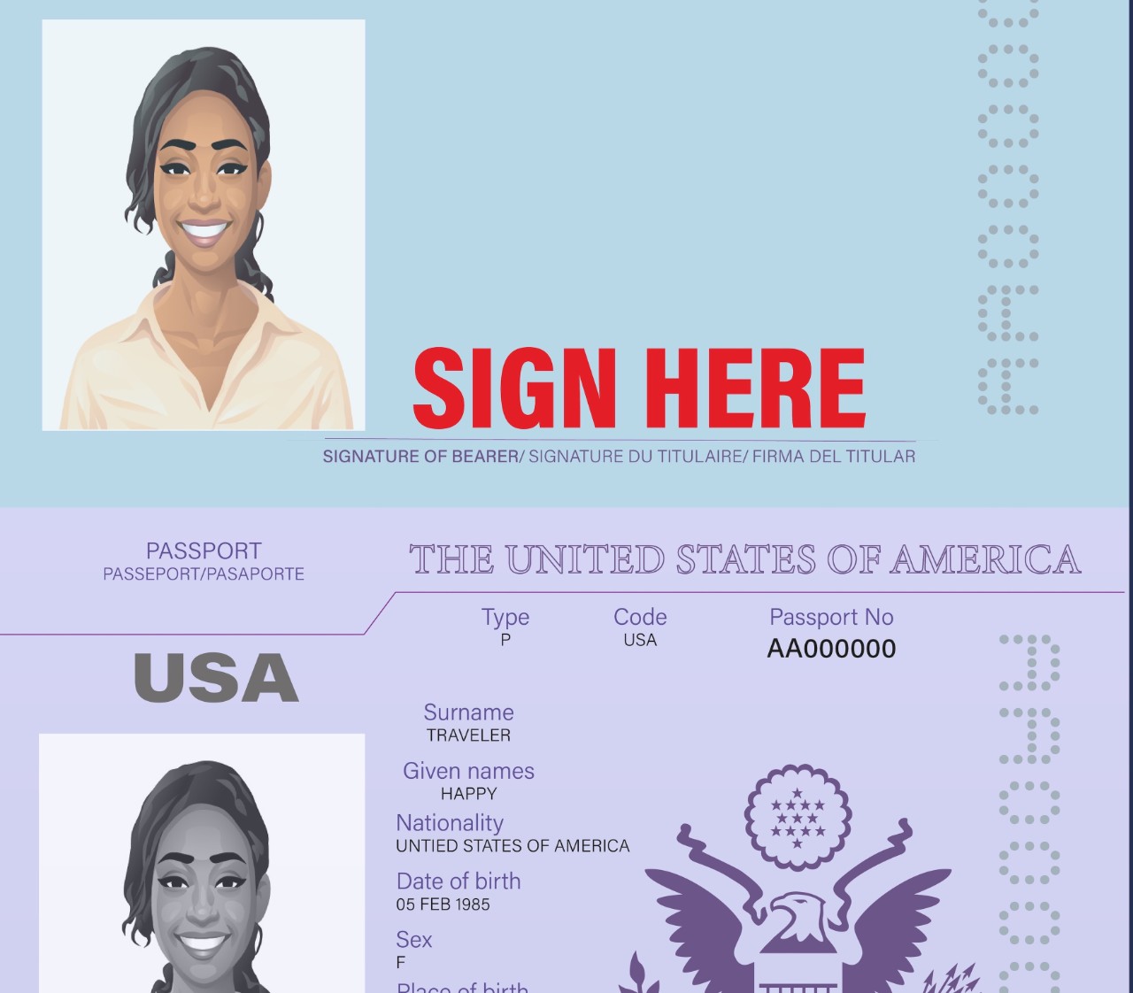 The line to sign your name is to the right of your passport photo, near the passport book’s spine.