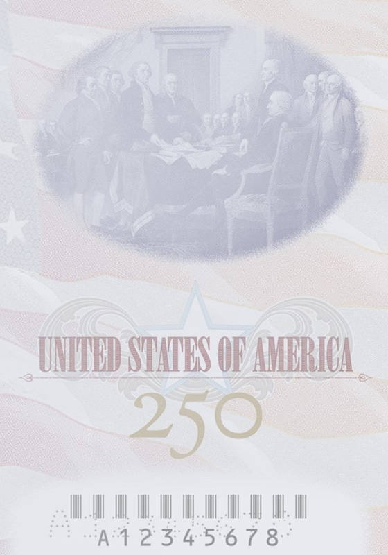 An illustration of the signing of the Declaration of Independence. A red, white, and blue American flag waves throughout the background. The words “United States of America” and the number 250 appear in large font at the bottom center.