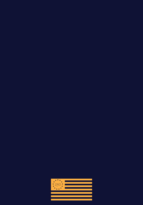 The commemorative passport's outside back cover with the Freedom 250 logo foil stamped in gold at the bottom center on a dark blue background. The logo is a Revolutionary-era 13-stripe American flag with the number 250 inside a circle of 13 stars.