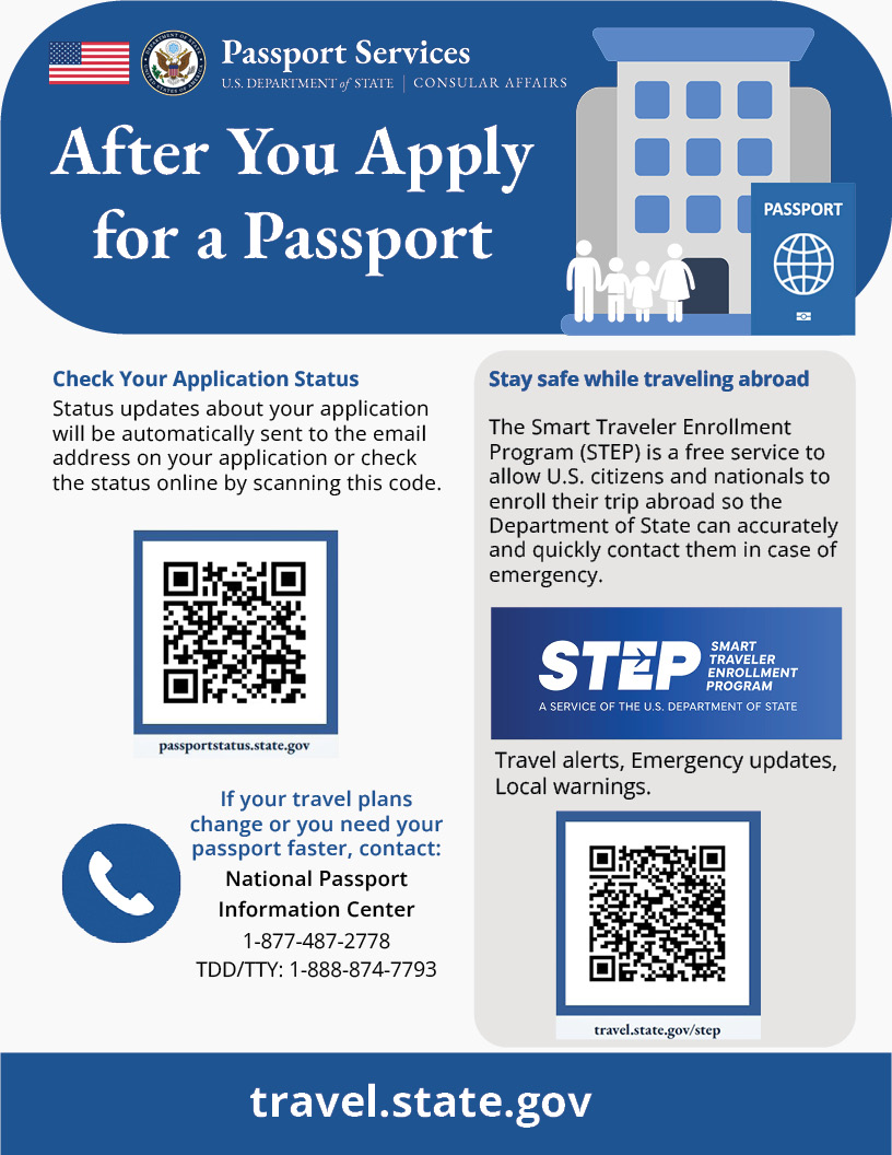 Flyer with information about how to check your application, change travel plans, and travel abroad safely