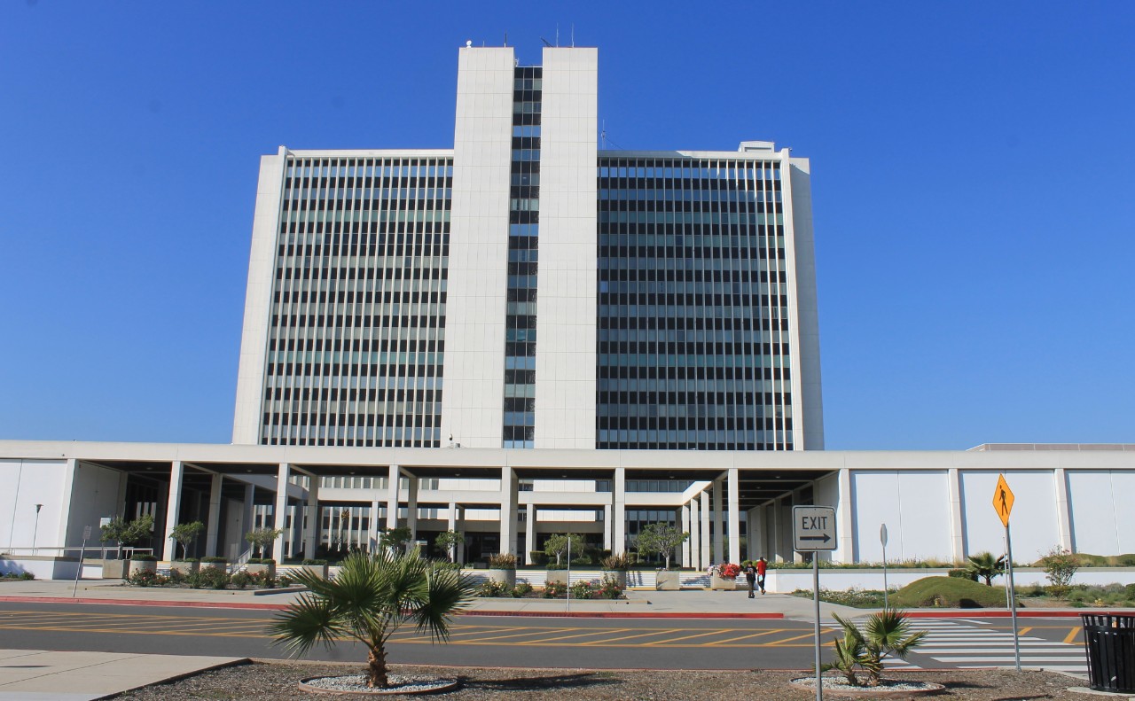 The Los Angeles Passport Agency. It is in a tall office building with two towers in the front.
